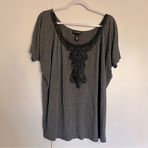 Lane Bryant Charcoal Grey Short Sleeve Shirt with Black Lace Detail size 14/16 - Picture 1 of 6
